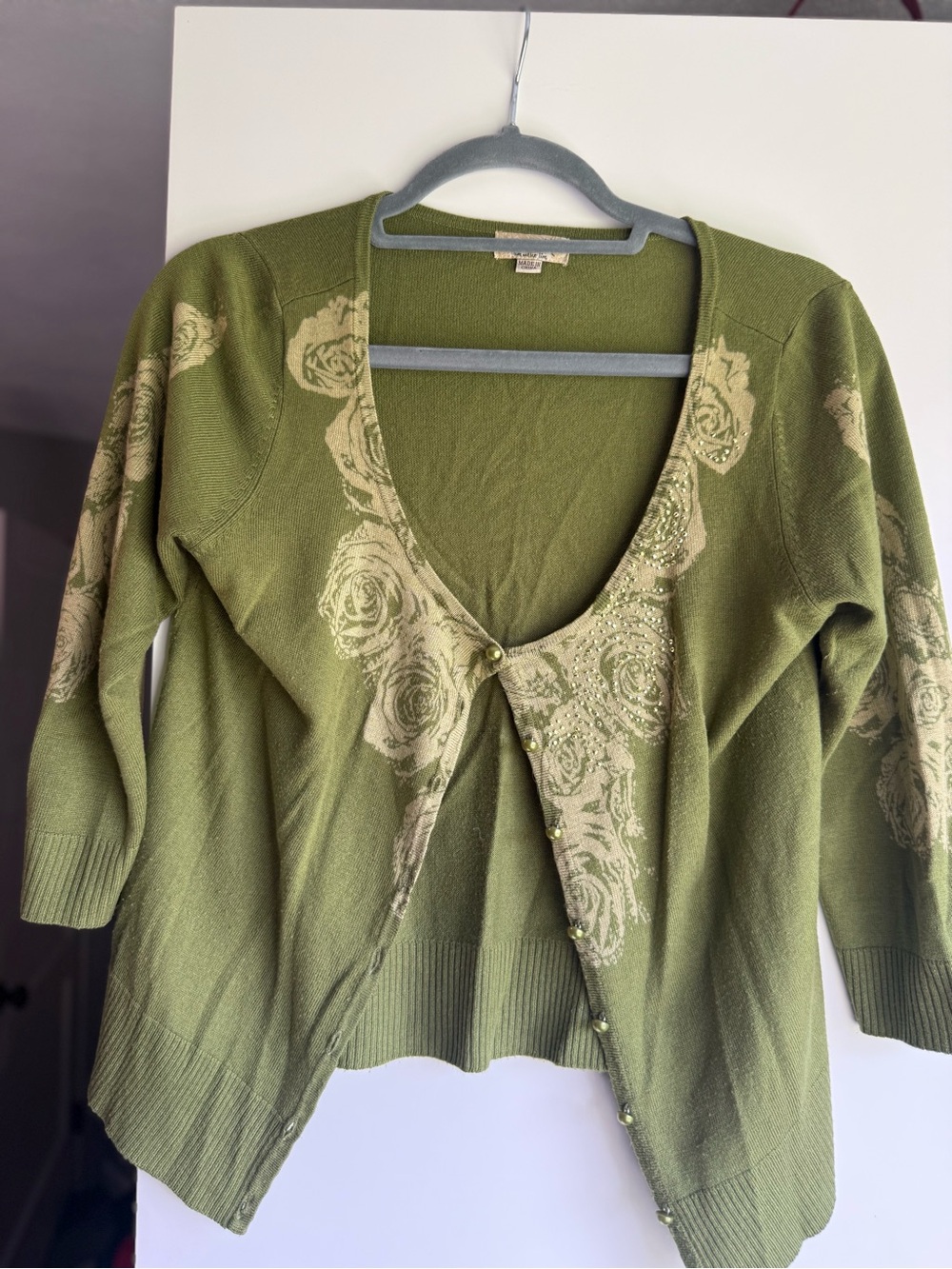 Olive Green Oneworld Floral Knit Cardigan Sweater - Women